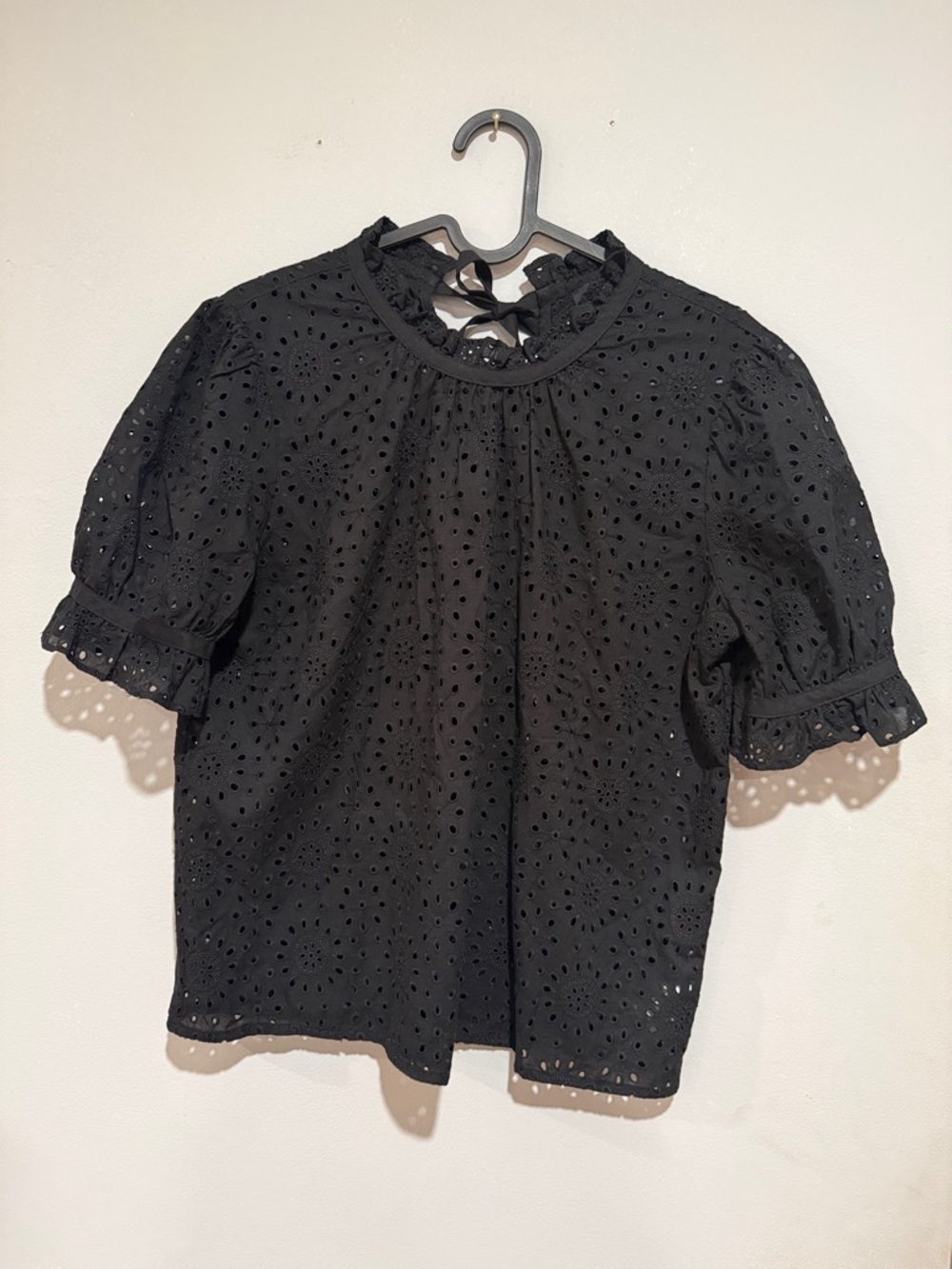 Madewell Black Eyelet Ruffle-Neck Puff Sleeve Top